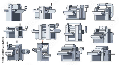 Collection of flat design illustrations of various industrial printing and paper processing machines.