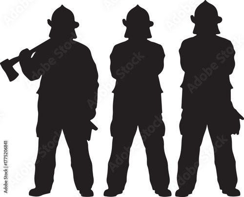 Three firefighter silhouettes one holding an axe on a white background Keywords: firefighter, fire fighter, fireman, silhouette, standing, group, three, men, male, also transparent background
