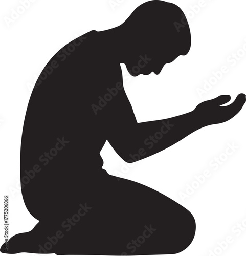 Silhouette of a man kneeling with hands outstretched in prayer or supplication on a white background also transparent background