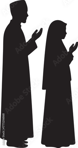 Silhouette of a Muslim man and woman praying together on a white background prayer Islamic also transparent background