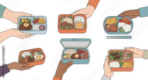 Hands holding various colorful lunch boxes filled with delicious and healthy food.