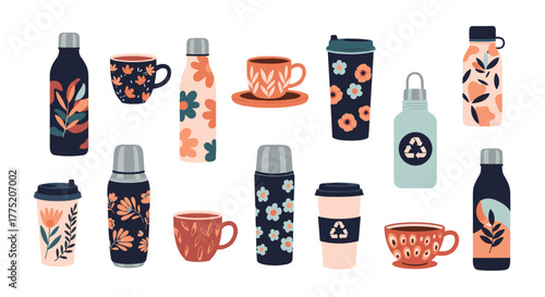 Collection of reusable bottles and cups with floral and leaf patterns.