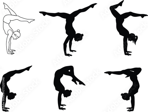 Flat vector handstand yoga poses silhouettes, balance flexibility strength illustration, fitness workout meditation wellness exercise design set