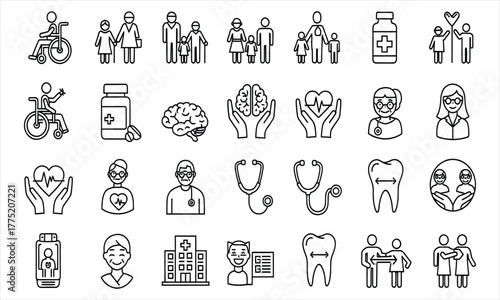 Healthcare and Wellness Vector Icons Depicting Medical Professionals, Patients, and Treatment