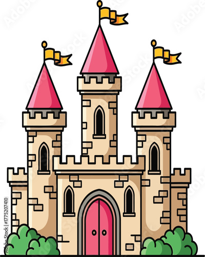 Illustration of a majestic castle with flags isolated on white background, embodying fairy tales, royalty, and architectural grandeur in a cartoon style