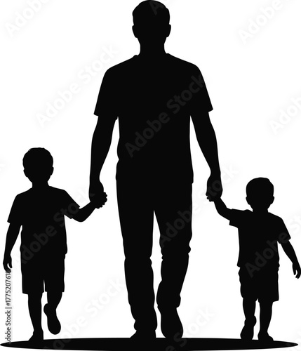 Father and two children walking hand in hand silhouette isolated on white background