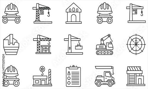 Construction industry line icon set. A collection of building, architecture, and engineering symbols including crane, excavator, and truck for web design