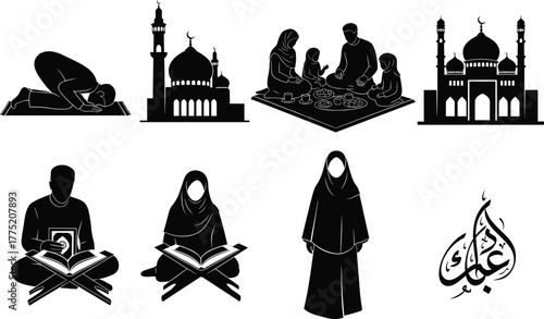 Islamic culture vector set, prayer and Quran reading, mosque architecture, family iftar, Eid Mubarak calligraphy, religious lifestyle, black silhouette design