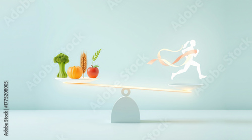 Perfect Balance of Healthy Food and Exercise on a Scale Conceptual 3D Render Illustrating Weight Loss, Fitness, and Balanced Lifestyle