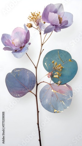 Delicate floral arrangement featuring pastel-colored flowers and leaves with gold accents on a white background
