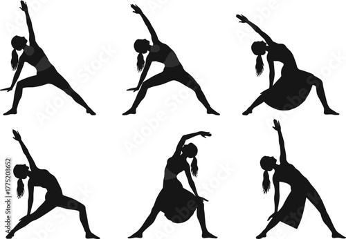 Yoga poses, side stretch, triangle pose, fitness exercise, wellness lifestyle, body flexibility, healthy balance, flat vector