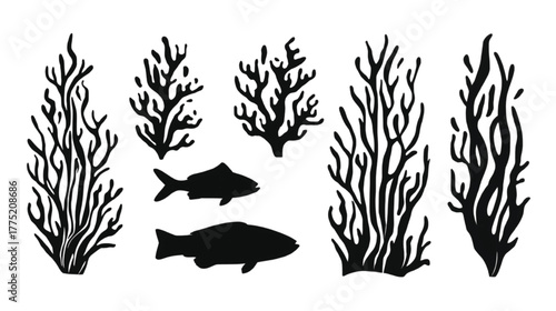 Black Silhouettes of Coral and Fish on White Background Keywords: coral, fish, marine life