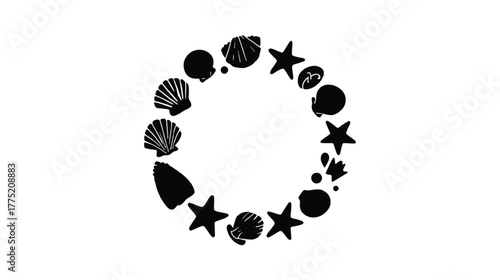 Circle of Seashells and Starfish on White Background