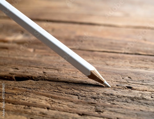 A white pencil's sharpened tip, resting on a weathered, rustic wooden surface. Close-up shot