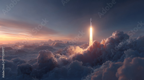 rocket blasting off smoothly with fluffy clouds and soft colors