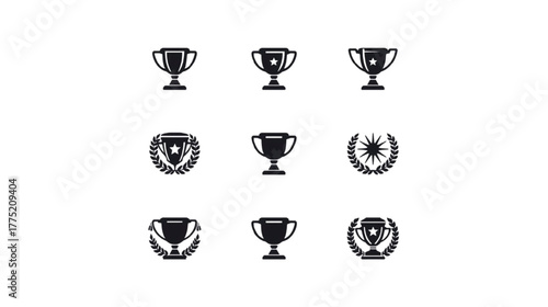 Nine trophy and laurel wreath icons with stars Keywords: trophy, award, cup, winner, success