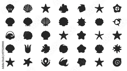 Grid of Black Silhouette Icons of Seashells and Starfish