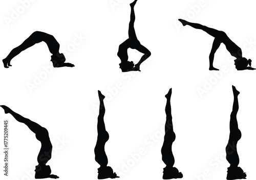 Flat vector yoga handstand poses silhouettes, acrobatic balance flexibility illustration, gymnastics fitness strength workout design set