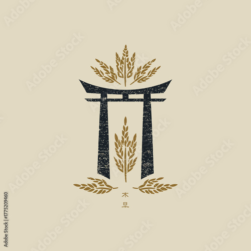 Symbolic japanese arch and wheat motif design on neutral background