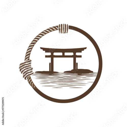 Japanese torii gate symbol within circle design illustration