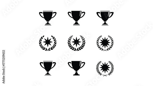 Set of nine trophy and laurel wreath icons Keywords: trophy, award, cup, winner, success