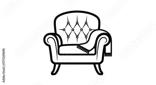 Simple black and white line drawing of a classic armchair with a throw