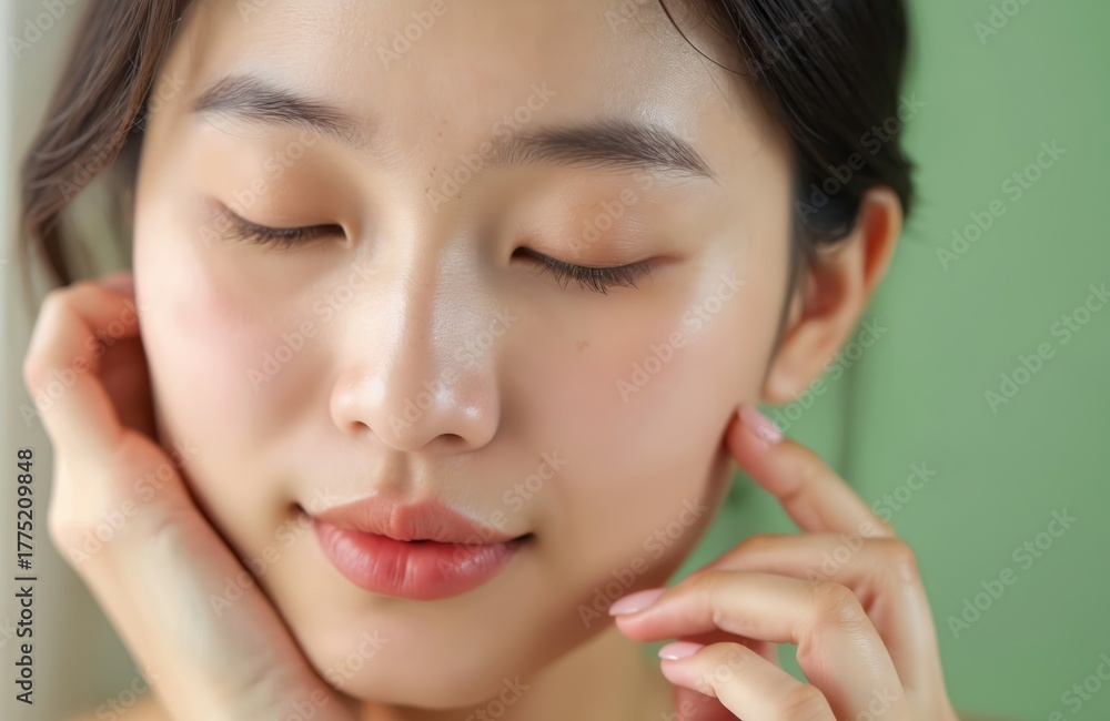 Fototapeta premium Young Asian woman with closed eyes gently touches healthy, clear, glowing skin. Looks calm, serene. Face shows natural beauty, fresh complexion against soft green background. Self-care moment