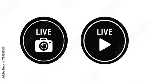 Two black circular icons displaying the words live with symbols