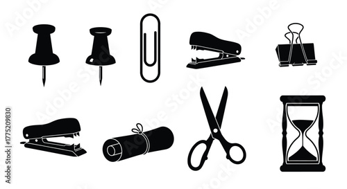 Simple black silhouette icons of common office and school supplies