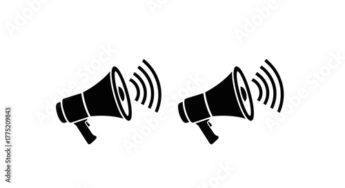 Two black megaphones emitting sound waves on a white background