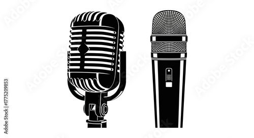 Classic vintage microphones in black and white side by side illustration