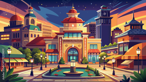 Very beautiful view of Country Club Plaza in Kansas City, Missouri, United States, featuring elegant Spanish-inspired architecture, lively streets, and glowing lights reflecting the charm of this icon