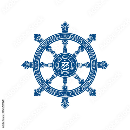 Intricate blue dharma wheel illustration on white background