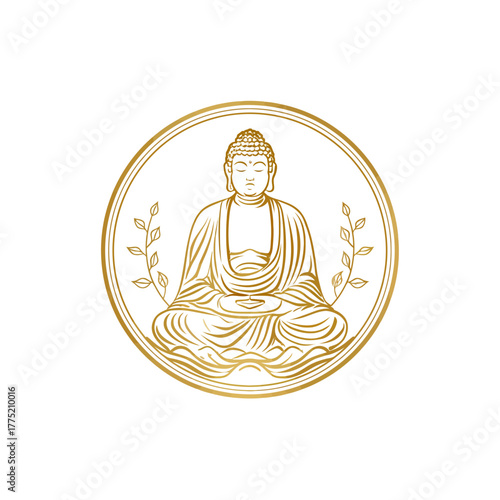 Golden buddha meditating in circle design spiritual symbolism
