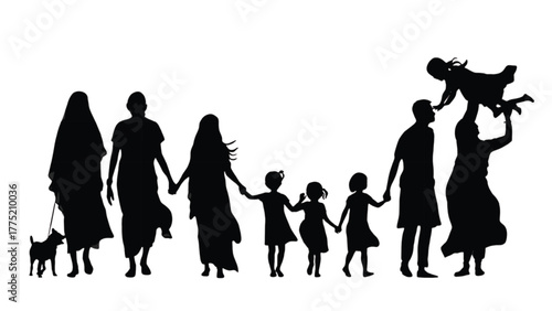 Silhouette of a Family with Dog and Child Toss people