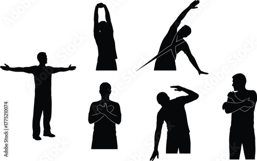 Stretching silhouette poses, upper body exercise, flexibility routine, black figure illustration, warm-up movement, fitness training, torso stretch concept