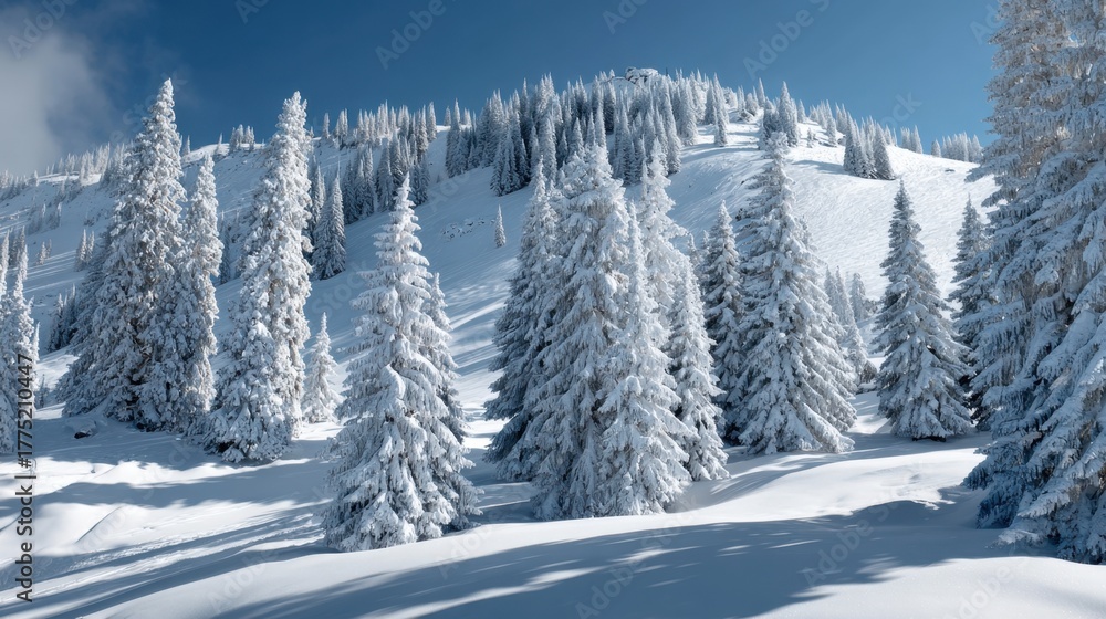 Fototapeta premium Snowy Winter Landscape Featuring Pine Trees, Lush Snow-Covered Hills, and Clear Blue Sky