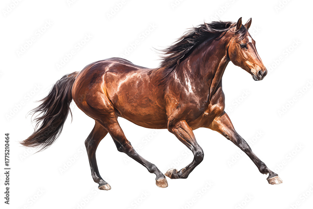 Obraz premium Elegant bay horse in mid-canter, lifted hooves and rich glossy coat with warm brown tones, dynamic natural posture, isolated on transparent background 