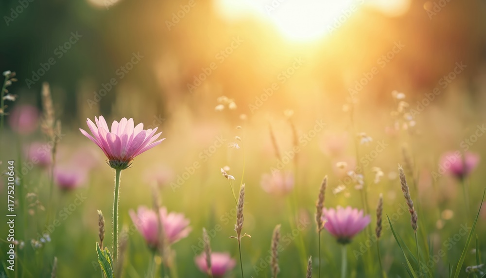 Obraz premium Pink wildflowers blossom in vibrant green grass. Golden sunlight bathes field, creating gentle, warm glow. Serene nature landscape conveys peace, natural beauty, summer mood early morning. Light adds