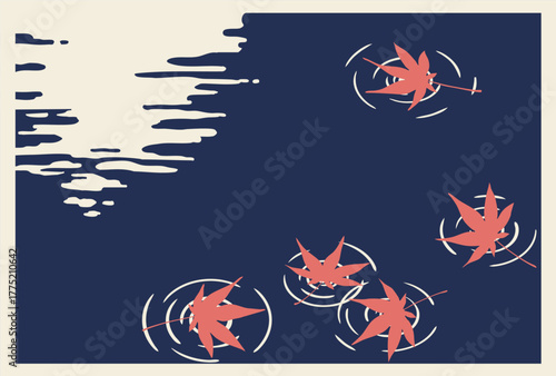 水面に映る月と水に浮かぶ紅葉のレトロなベクターイラスト