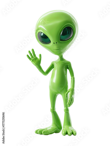 Friendly green alien character, slim body and long fingers, neutral stance with one hand raised, satin mint skin with subtle speculars, big glossy eyes, isolated on transparent white background, no sh