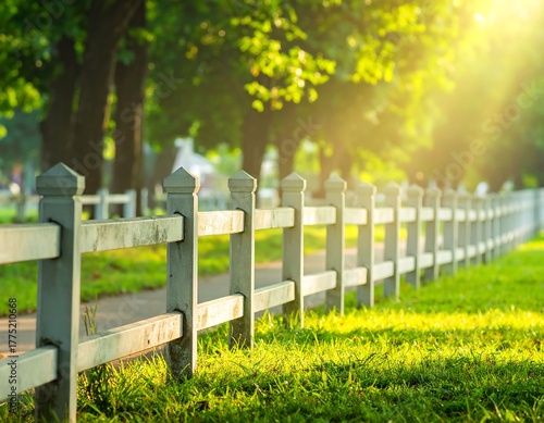 A white picket fence lines a green grassy area with trees and bright sunlight filtering through