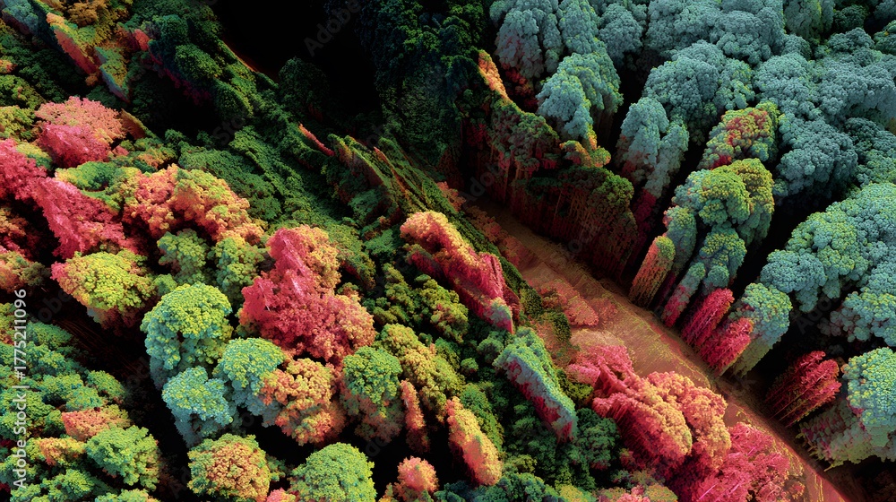 Naklejka premium Aerial view of a surreal colorful forest with trees in red, green, yellow, and blue tones, creating an abstract digital landscape symbolizing creativity, imagination, and the beauty of nature in art.