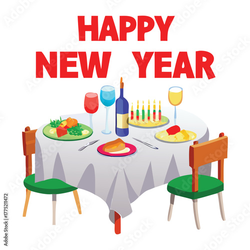 Celebrate new year with delicious food and wine at home happy new year celebration illustration