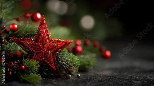 A close-up red Christmas star with green pine branches and red ornaments placed on a dark background, captured with a shallow depth of field to highlight the star and festive elements.