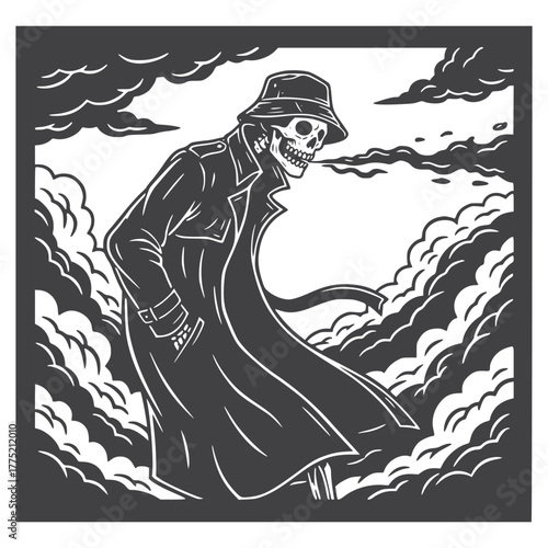 Skeleton in Trench Coat Tattoo Design – Gothic Noir Symbol for Stickers, Tees & Ink Art