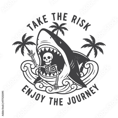 Skeleton Shark Tattoo Design – Surreal “Take the Risk” Symbol for Stickers, Tees & Ink Art