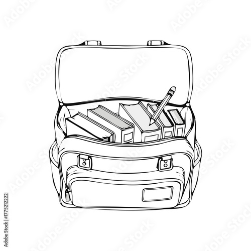 Open school bag filled with books and a pencil, black and white line art.