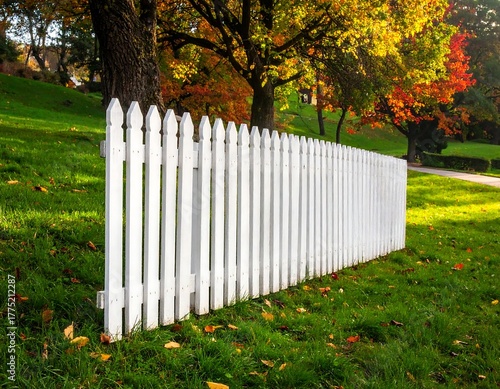 A white picket fence sits on a grassy hillside, leading towards colorful fall trees