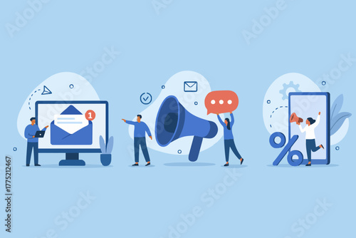 Social media promotion scenes. Characters using big loudspeaker to communicate with audience, sending advertising emails, offering sale and discount. Flat cartoon vector illustration and icons set.